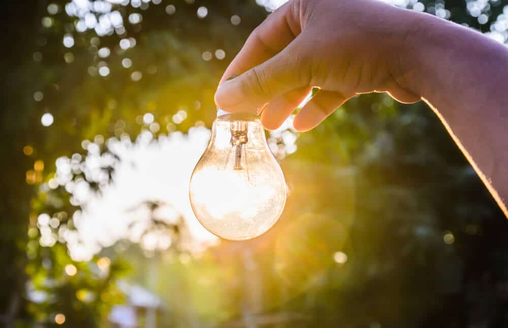 hand holding a light bulb with sunset power concept