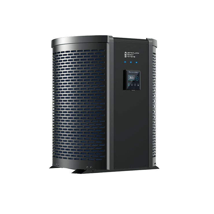 A sleek, modern Residential Inverter heat pump system with a digital display on the front panel. The unit is predominantly black with a grid-like design on the sides for ventilation and features blue accents around the display area. It stands upright on a flat base, epitomizing Full Heat Pumps technology. | AES Pool Heating Solutions